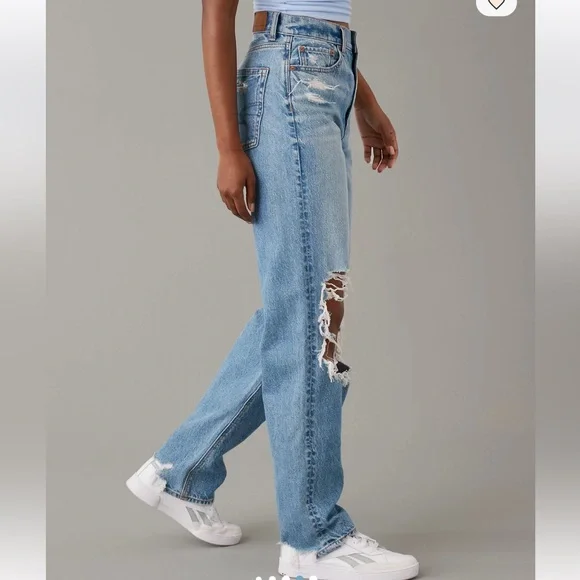 AMERICAN EAGLE highest rise ripped baggy straight jeans size 14 distressed - Picture 3 of 16